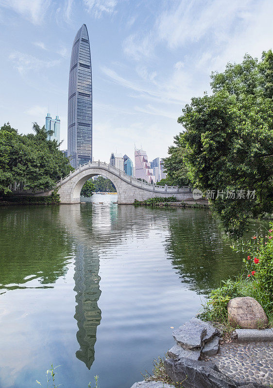 View of the KK100 (京基100) Building from Lychee Park / Lizhi Gongyuan (荔枝公园) in the Luohu District of Shenzhen, China